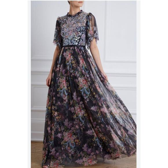 NEEDLE & THREAD Sz 8 UK 4 US Black Floral Beaded Long Maxi Dress Gown NWT - Picture 14 of 15